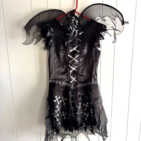 Black Dark Angel Junior Size 4-6 Halloween Outfit Dress/Wings/ Mask - Picture 1 of 4